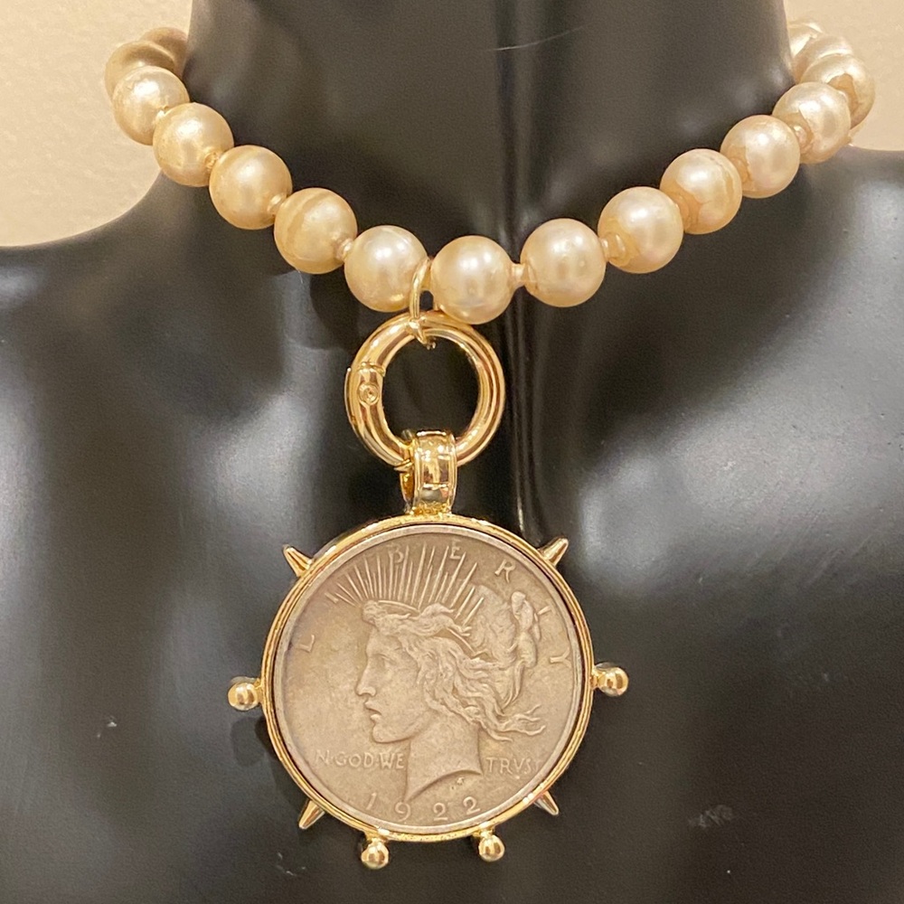 Vintage Pearl Choker Necklace with Gold Coin Pendant